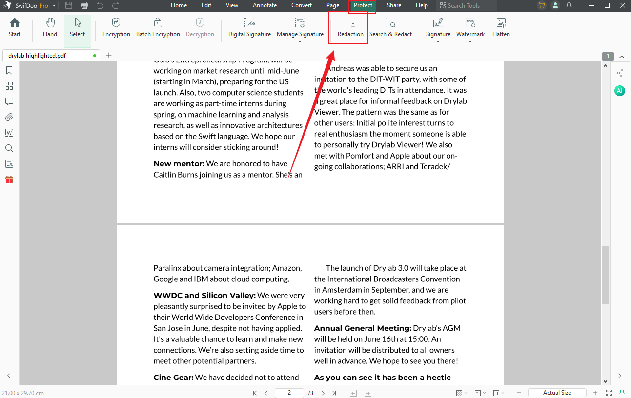 Click Protect and select the Redaction option in SwifDoo PDF