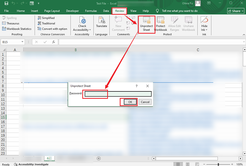 Go to Review, select Unprotect Sheet, and enter the correct password to remove worksheet protection in Microsoft Excel