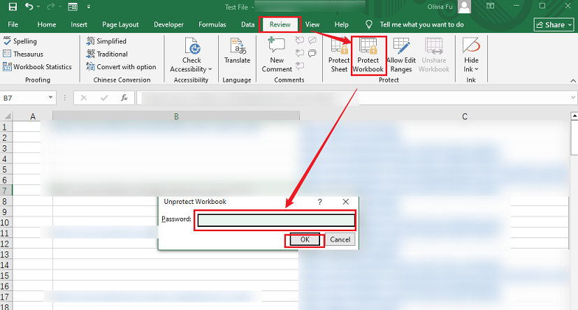 Go to Review, click Protect Workbook, delete the password to remove workbook structure protection in Microsoft Excel