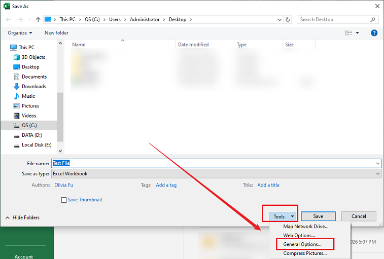 Click Tools and select General Options in Microsoft Excel