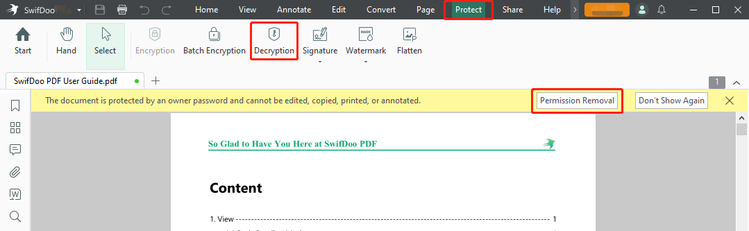 How to remove password from PDF on Windows in SwifDoo PDF step 2