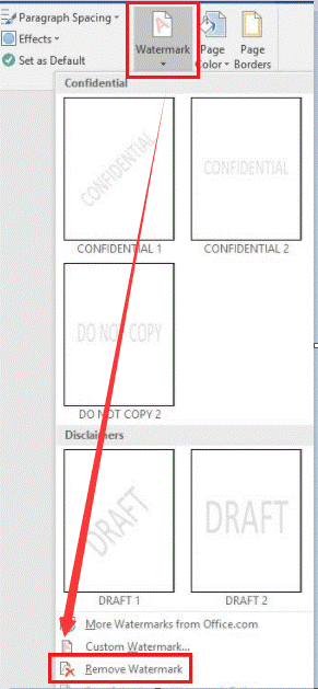 How to remove watermark in Word from the Design tab