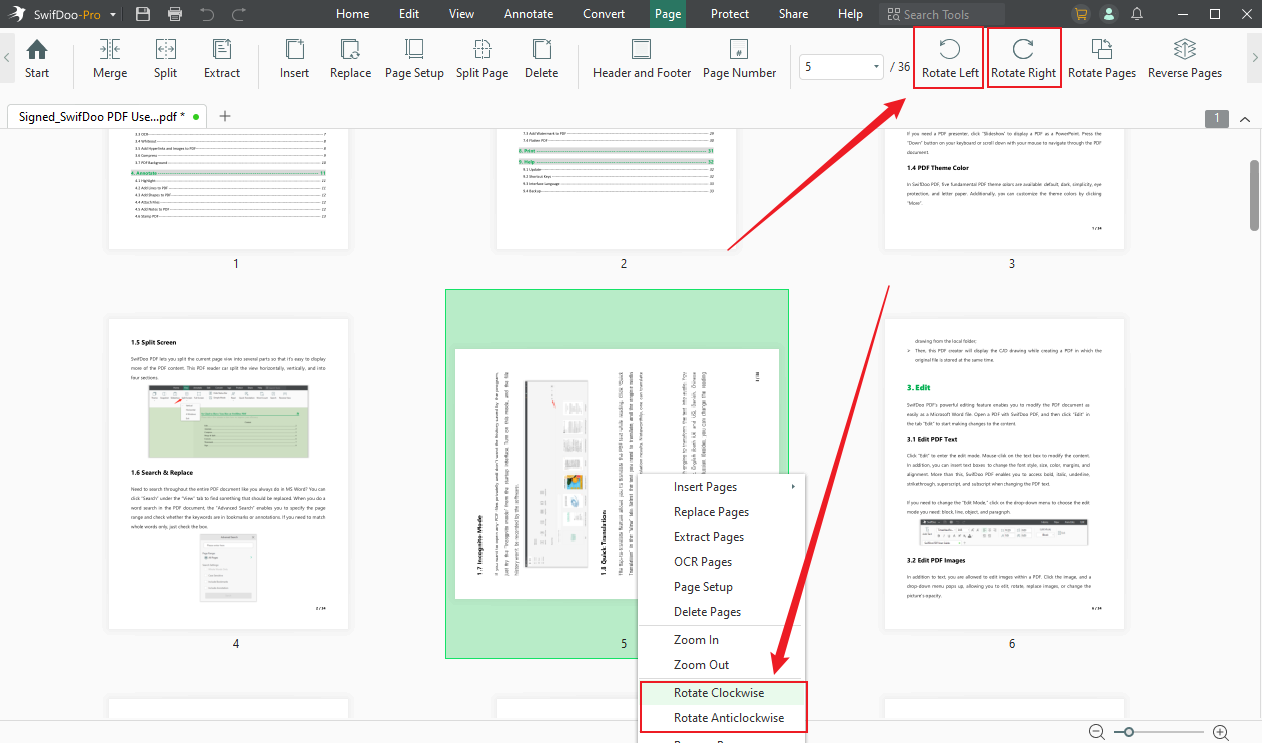 Click the Rotate Left or Rotate Right option to rotate the PDF page in SwifDoo PDF