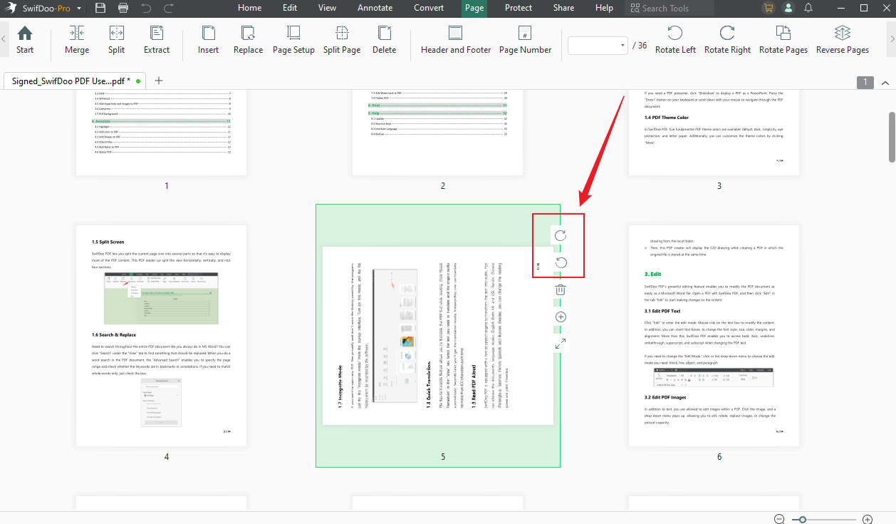 Click the rotate icon on the upper right of the PDF page to rotate it in SwifDoo PDF