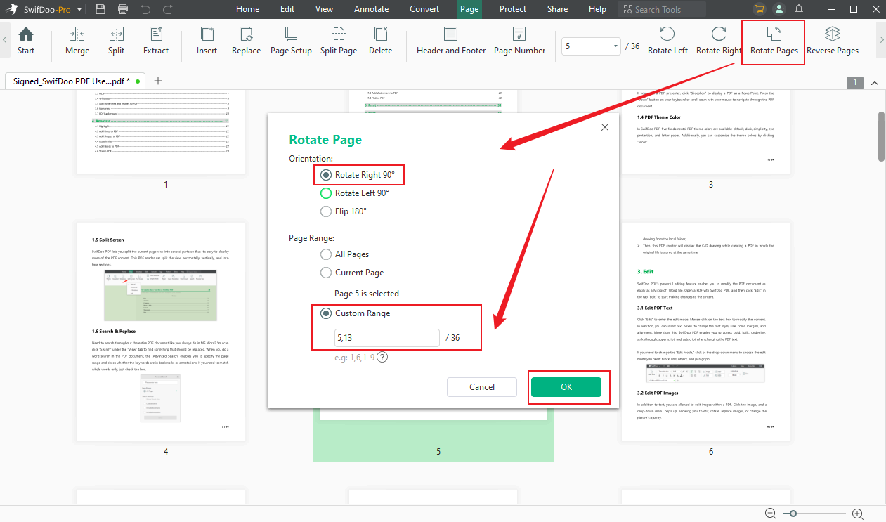 Click the Rotate Pages option to customize the pages you need to rotate in SwifDoo PDF