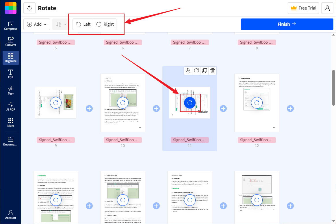 Click the Rotate icon to rotate the PDF page in Smallpdf