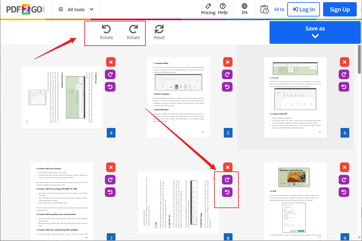 Click the Rotate icon to rotate the PDF in PDF2Go