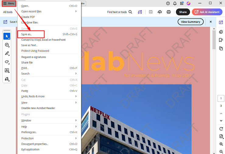 Click Menu and select Save As in Adobe Acrobat Reader