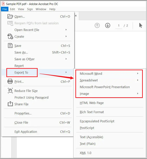 Click File and go to Export To to select Microsoft Word, Spreadsheet, and other formats in Adobe Acrobat Pro