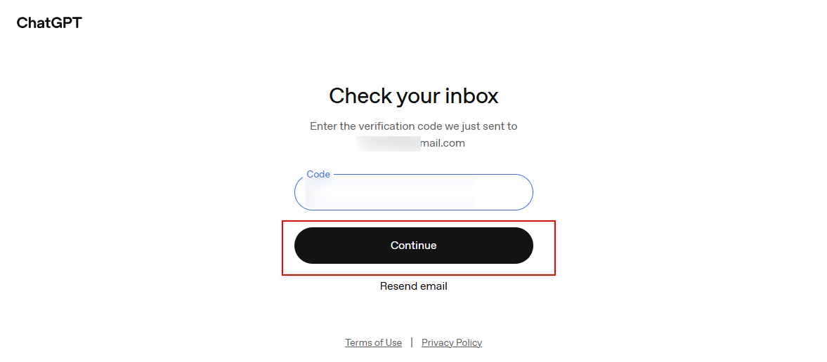 Enter the code and click Continue in ChatGPT