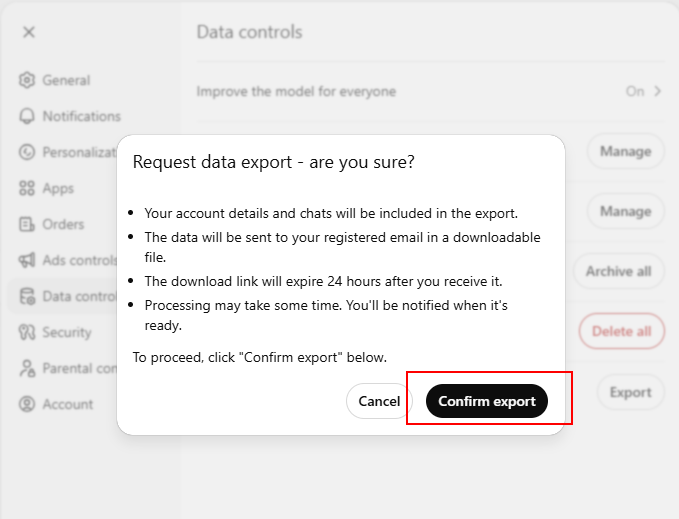 Click the Confirm export button in ChatGPT