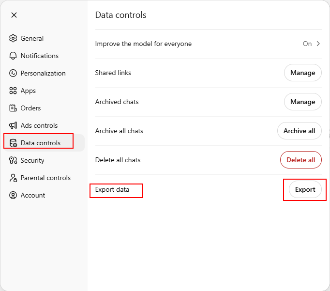 Click Data controls and select Export in ChatGPT