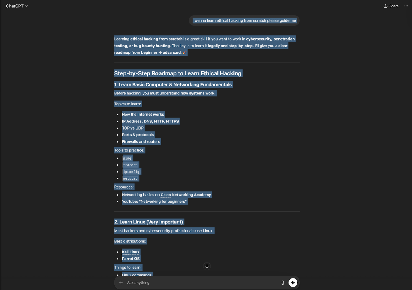 Press Ctrl/Cmd + A to select the ChatGPT chat