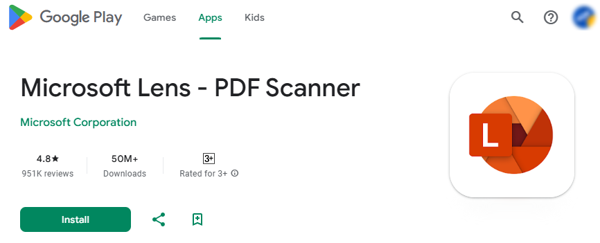 Microsoft Lens in the Google Play Store