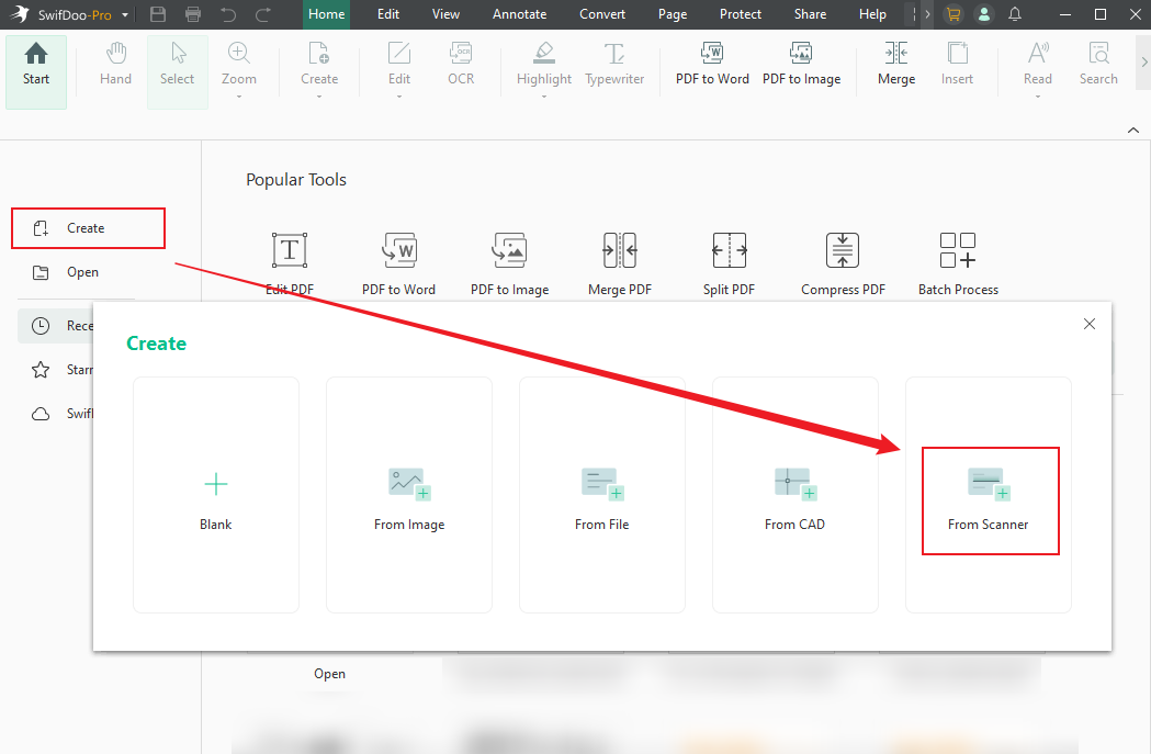 Click Create and select the From Scanner option in SwifDoo PDF