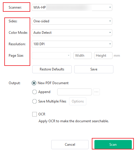 Select your scanner and adjust other options in SwifDoo PDF