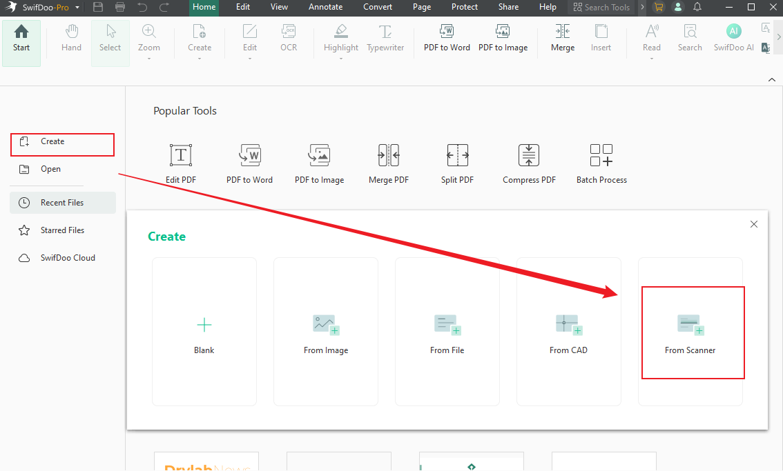 Click Create and hit the From Scanner option in SwifDoo PDF