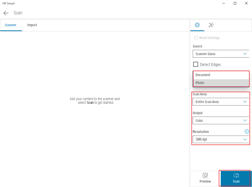 Select Document or Photo and customize other options in HP Smart