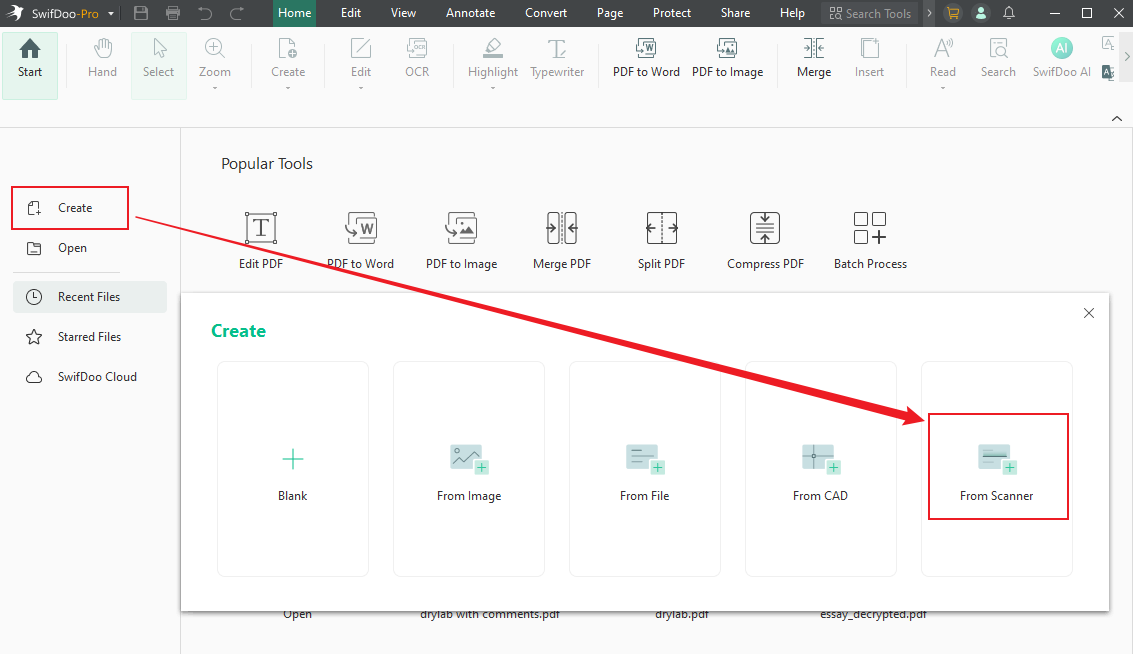 Click Create and select the From Scanner option in SwifDoo PDF