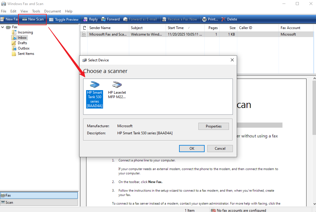 Click New Scan and select your HP printer in Windows Fax and Scan