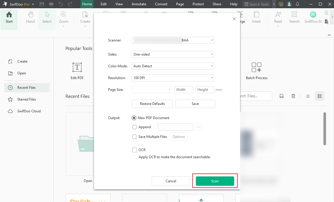 Customize the scanning option in SwifDoo PDF