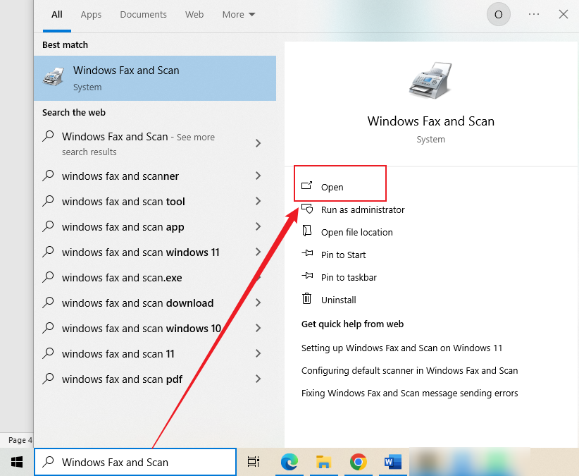 Find and open Windows Fax and Scan via the search box of Windows