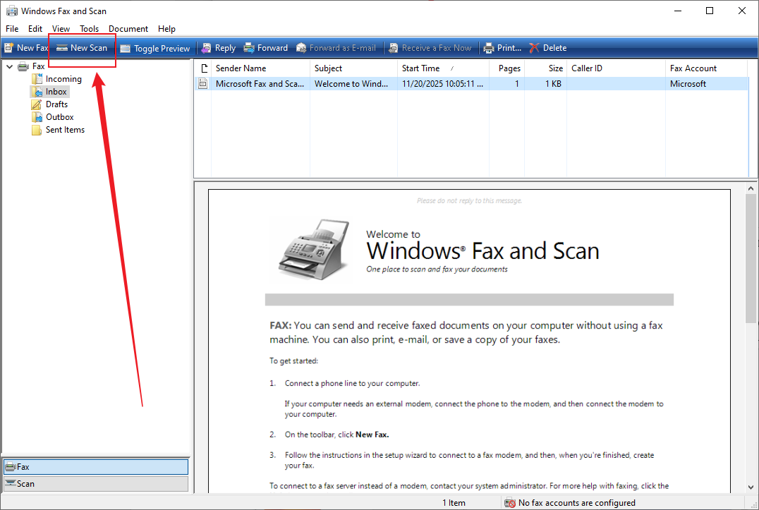 Click the New Scan option in Windows Fax and Scan
