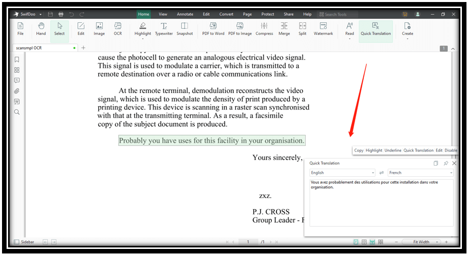 How to scan translate scanned documents in SwifDoo PDF 1