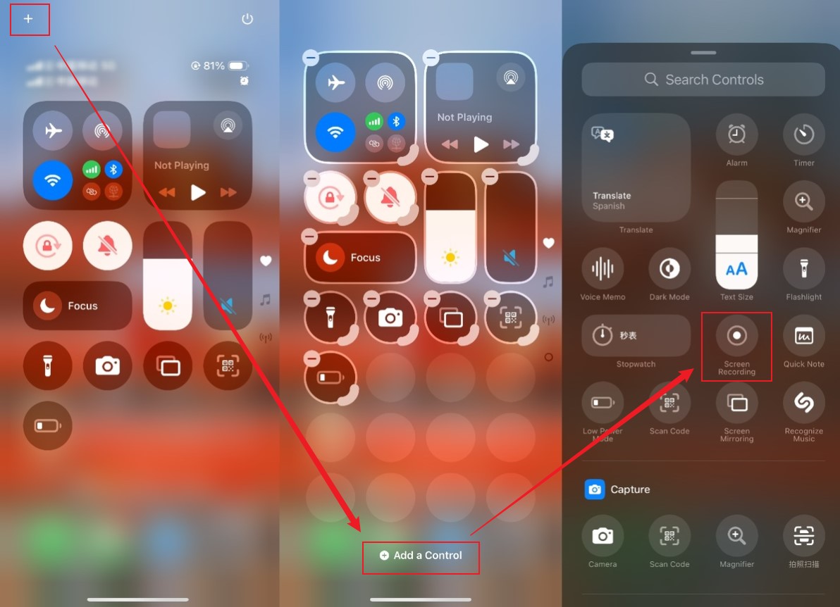 Click the Plus icon to choose Add a Control and tap on Screen Recording to add it to the Control Center