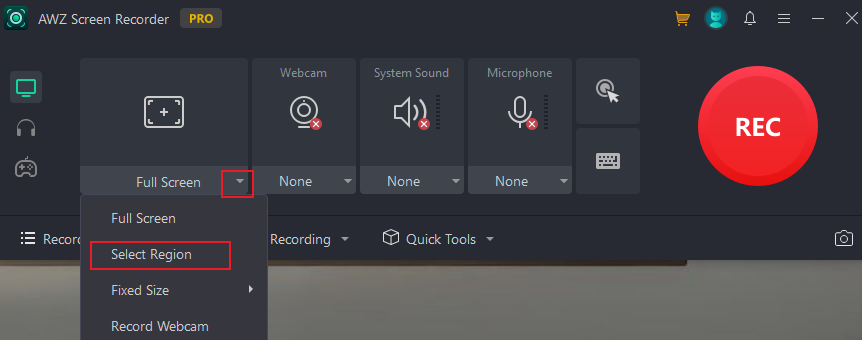 Click the inverted triangle next to Full Screen to choose the Select Region option to customize the recording area in AWZ Screen Recorder