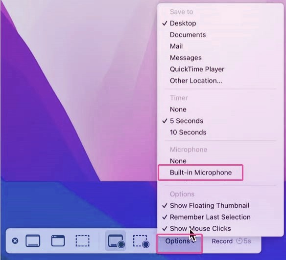 How to screen record on Mac with audio using Screenshot toolbar step 2