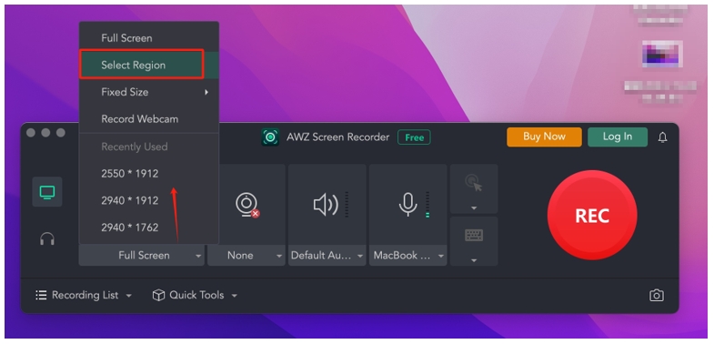 How to screen record on Macbook Pro in AWZ Screen Recorder 1