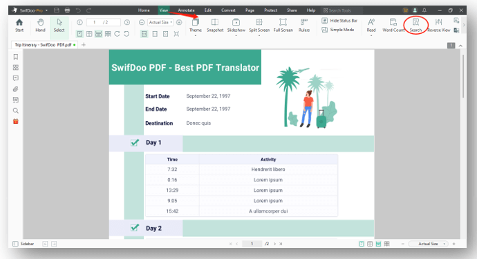 How to search for a word in a PDF in SwifDoo PDF: Enable the search tool