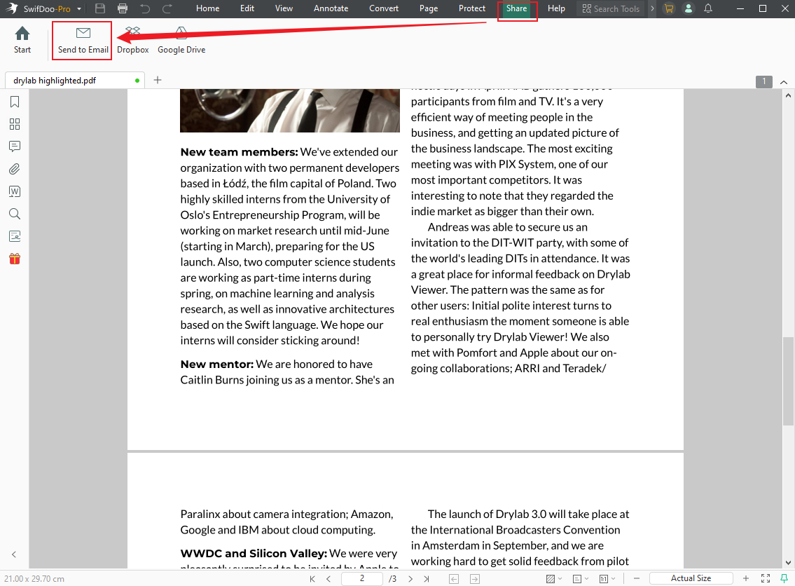 Go to Share and click the Send to Email option in SwifDoo PDF