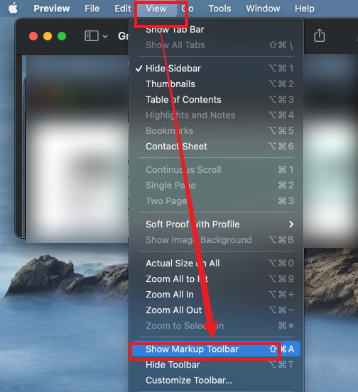 Click View and select Show Markup Toolbar in Preview