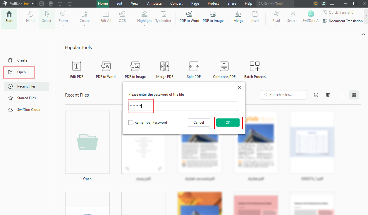 Click Open to import the target secured PDF and enter its password to open it in SwifDoo PDF