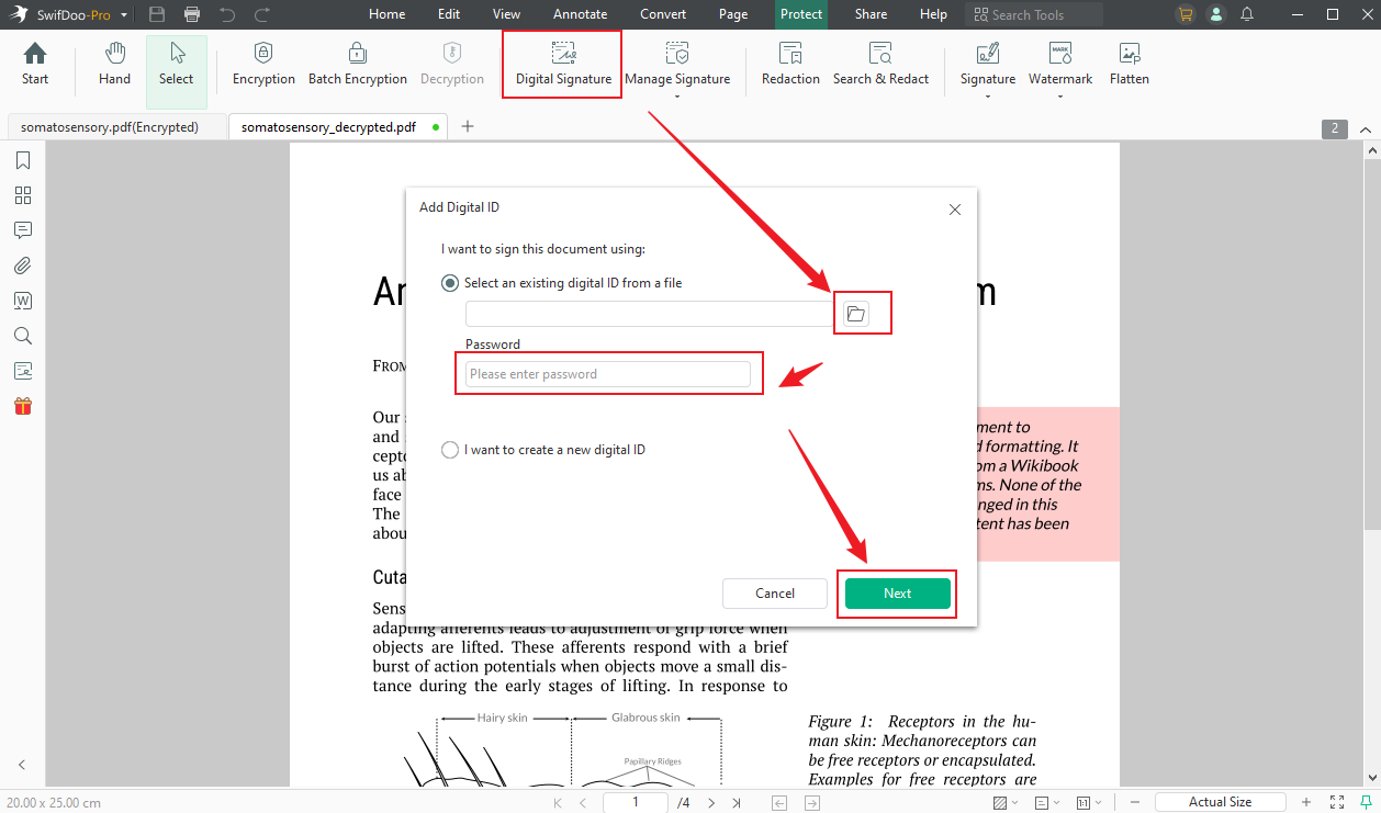 Click the Digital Signature option in SwifDoo PDF to add a digital ID to the secured PDF