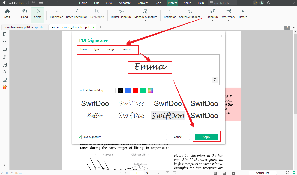 Click the Signature option to add an e-signature to a secured PDF in SwifDoo PDF