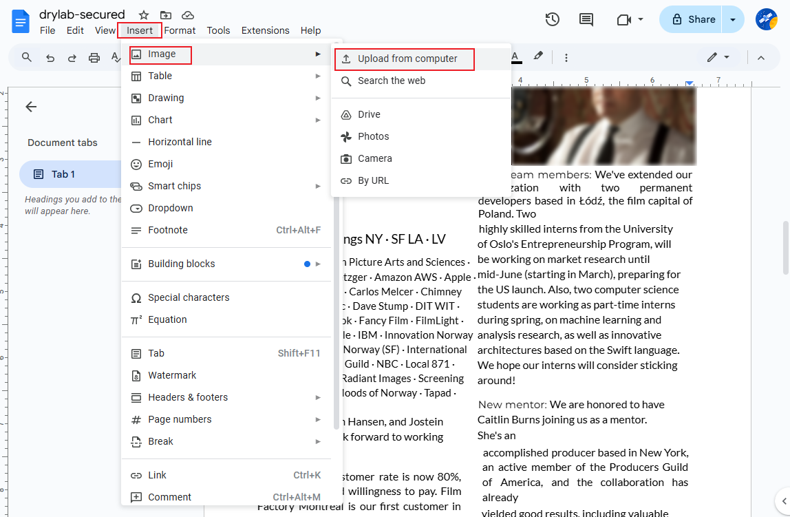 Select Insert a signature picture from your computer into a secured PDF in Google Docs