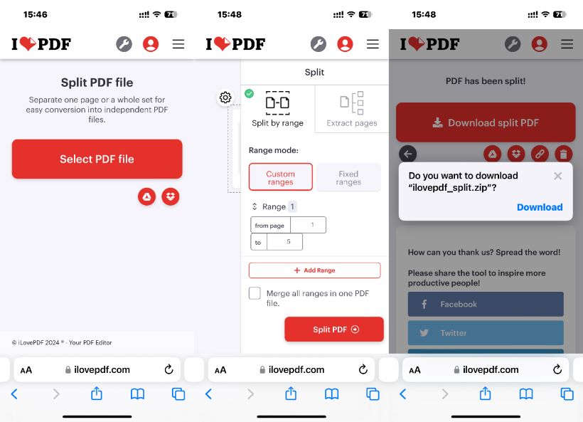 Split PDF on iPhone via Web-based App