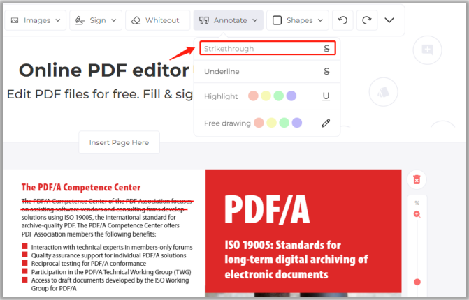How to strikethrough PDF online