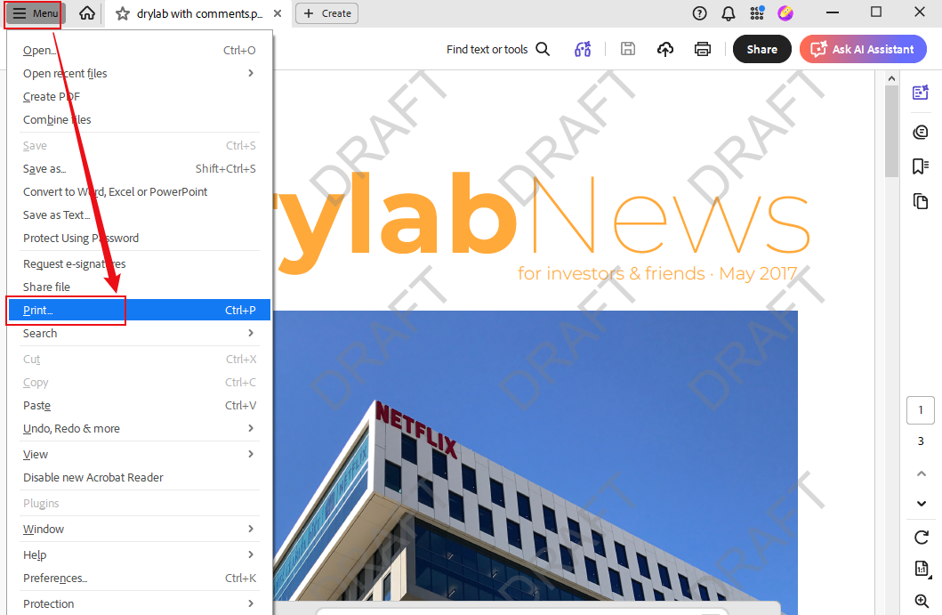 Click Menu and select the Print option in Adobe Acrobat Reader