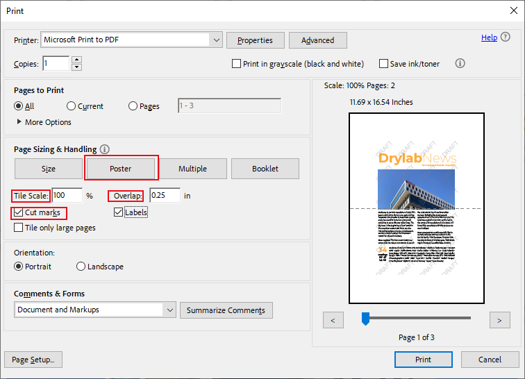 Select Poster and customize other settings in Adobe Acrobat Reader
