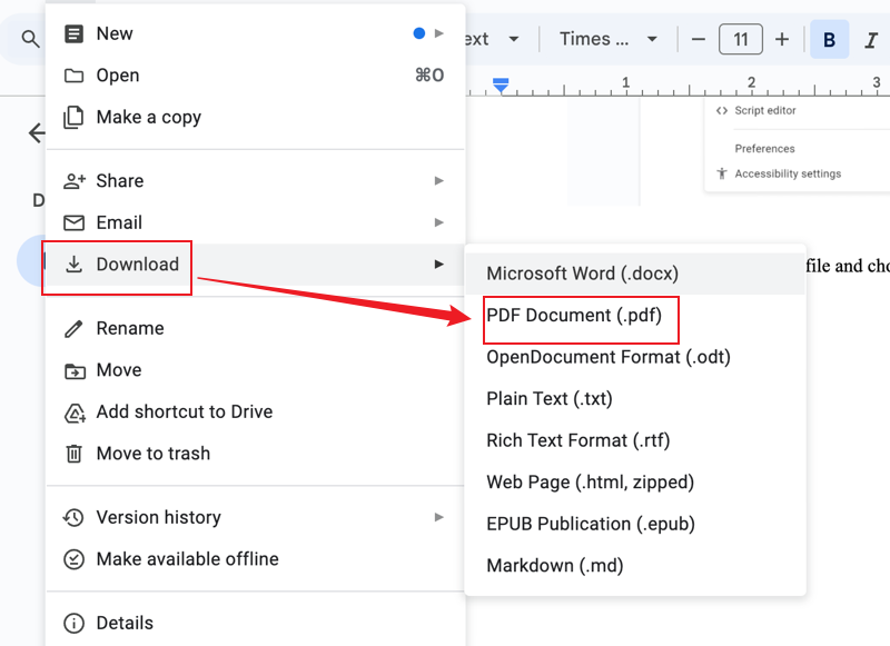 Click File and select the PDF Document option from the Download list in Google Docs