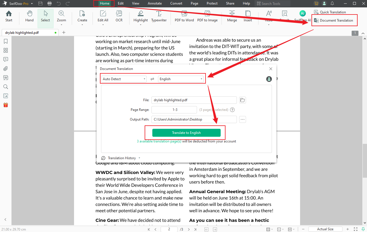 Click the Document Translation option and customize the translation settings in SwifDoo PDF