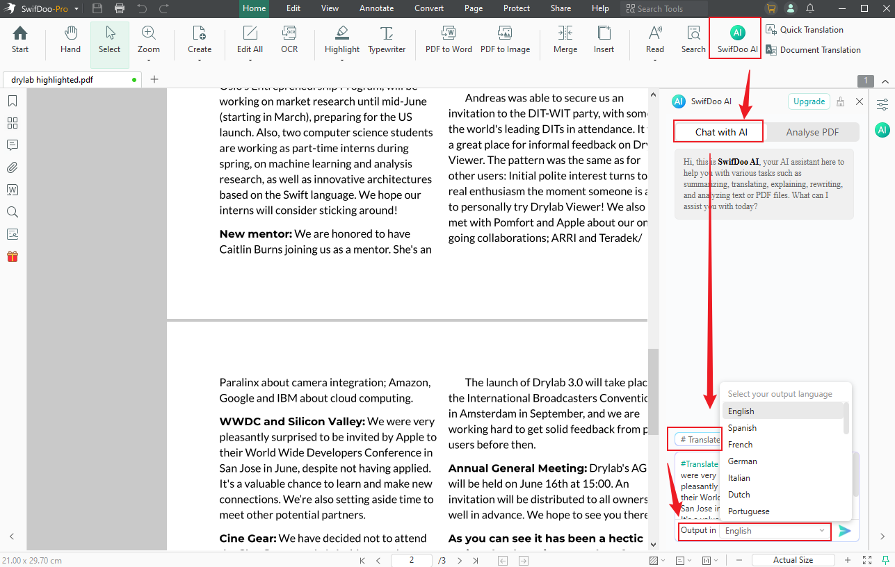 Click SwifDoo AI and select the Translate option in SwifDoo PDF
