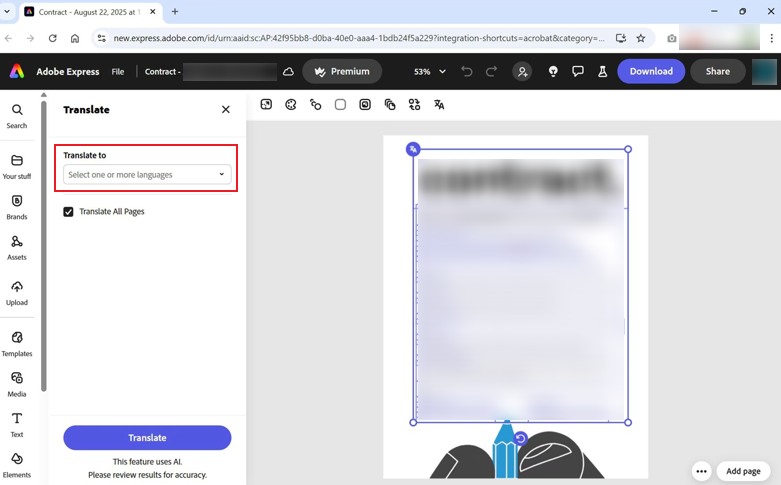 Select the target language from the Translate to list in Adobe Express