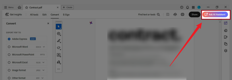 Click the Ask AI Assistant button in Adobe Acrobat