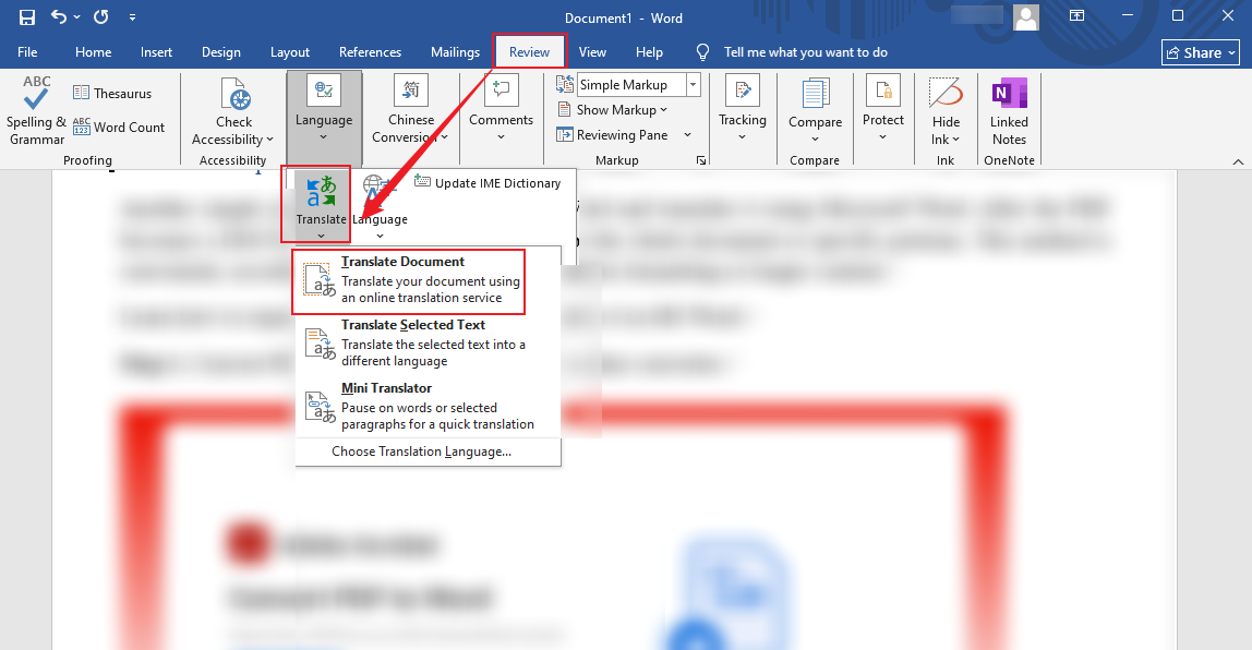 Click the Translate Document option under the Translate option in Microsoft Word