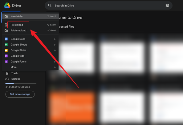 Click File and select File Upload to import your PDF file into Google Drive